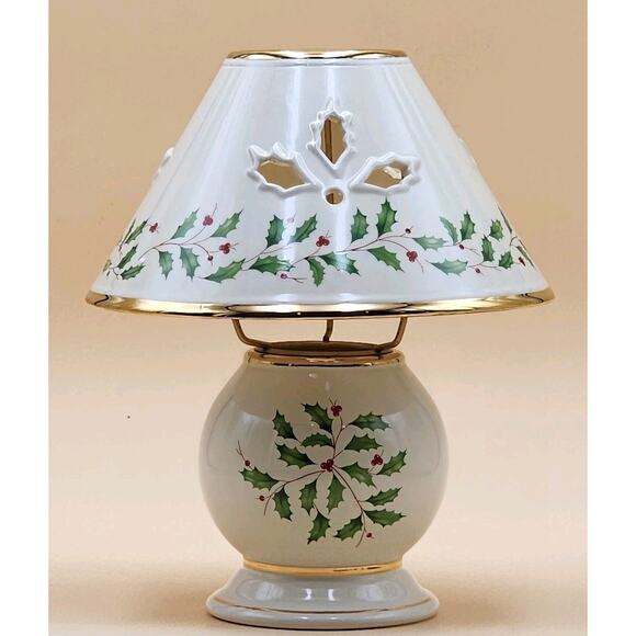 Lenox Holiday Candle Lamp Holly Berry Tealight Votive w/ Shade Original Box - Picture 2 of 10